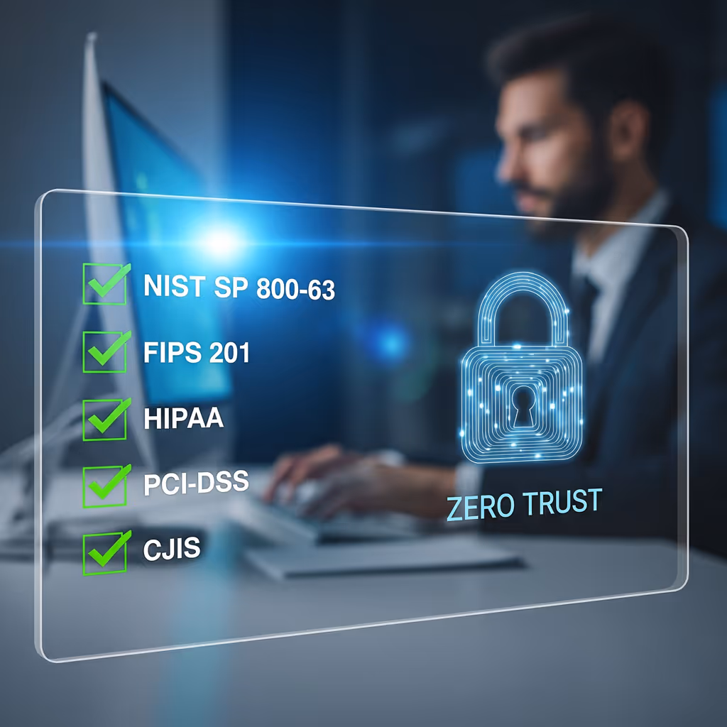 Image of a professional working at a desktop computer, with a transparent digital overlay displaying security and compliance badges. The overlay includes checkmarks for NIST SP 800-63, FIPS 201, HIPAA, PCI-DSS, and CJIS, along with a glowing padlock icon labeled ‘Zero Trust.’ The scene represents Credenti Auth’s ability to deliver compliance-ready, phishing-resistant MFA across Windows, macOS, and Linux devices. It highlights support for strict regulatory mandates in industries such as insurance, healthcare, government, and finance, as well as secure authentication in both online and offline environments without requiring domain join.