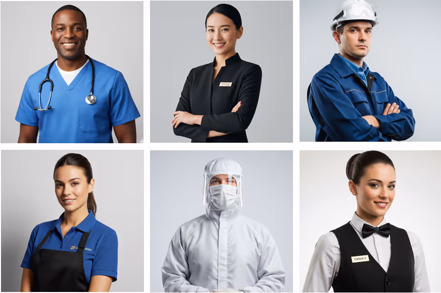 A collage of frontline and shift-based workers—including healthcare, hospitality, industrial, retail, laboratory, and service roles—illustrating the wide range of workplaces where Credenti enables passwordless badge tap login and secure authentication on shared macOS devices.