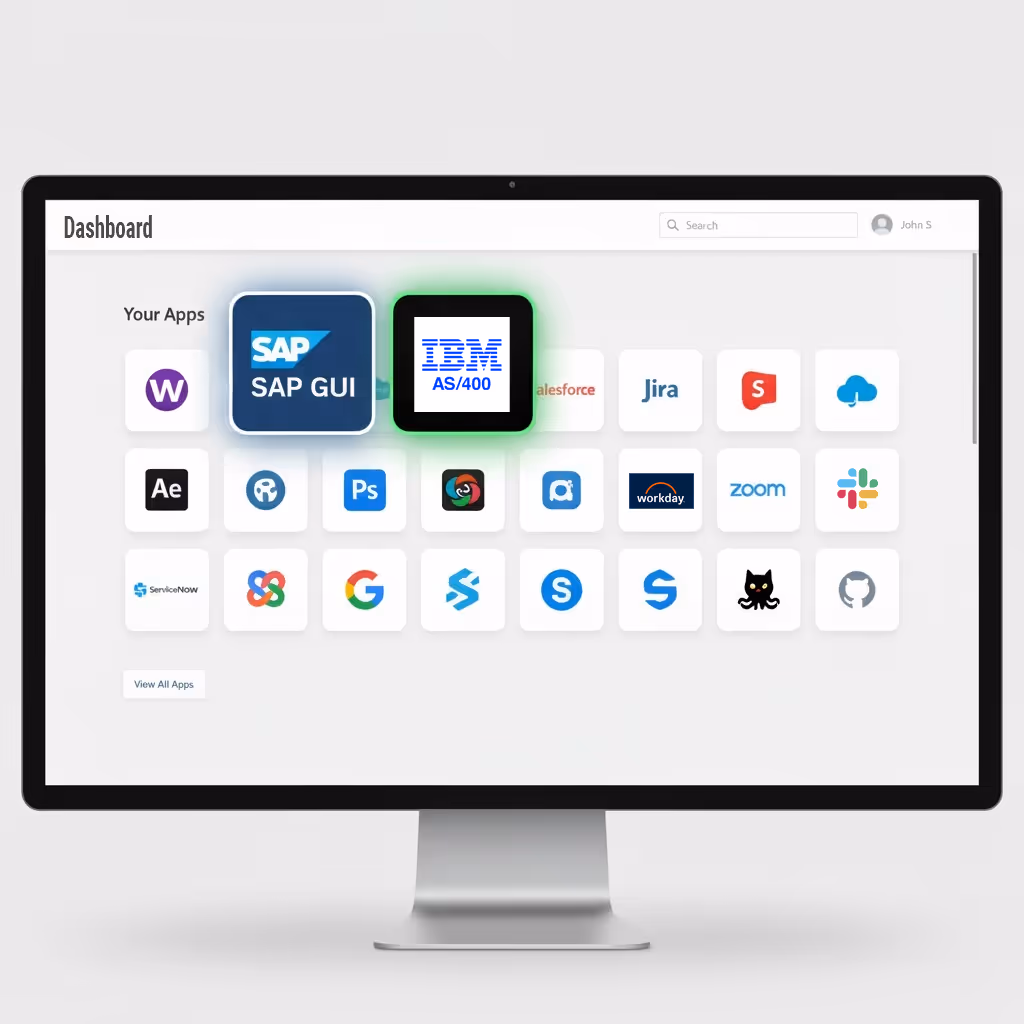 A computer screen showing a unified app dashboard with icons for SAP GUI, IBM AS/400, and other applications — highlighting Credenti Unify’s ability to extend SSO beyond browser apps.