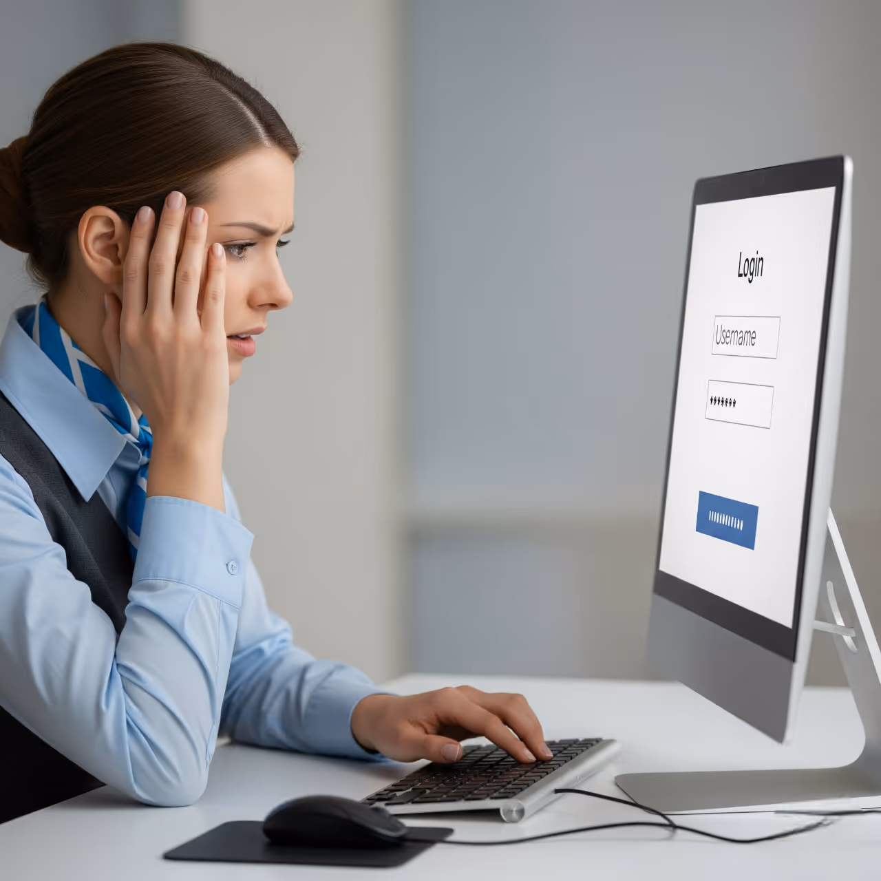 Image of a frustrated frontline worker in uniform sitting at a shared workstation, staring at a traditional username-and-password login screen. The visual highlights the challenges shift-based and high-turnover teams face when relying on passwords—frequent resets, forgotten credentials, and delays that slow down retail, hospitality, healthcare, and property management operations.