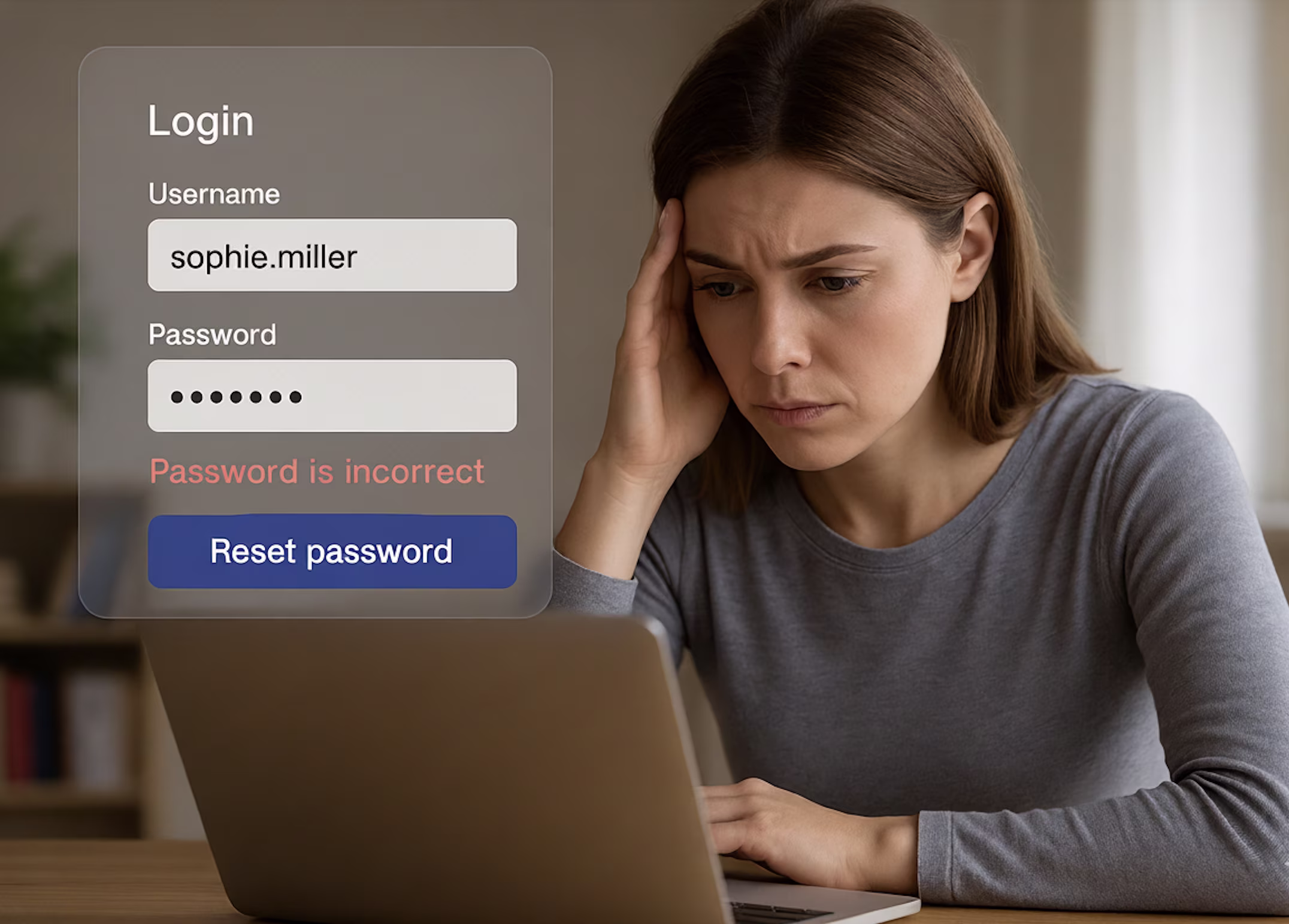 A woman appears frustrated as she looks at her laptop displaying an ‘incorrect password’ login error with a reset password button. This visual highlights common password lockout challenges and underscores the importance of having secure, self-service password recovery options for users in environments that still require legacy credentials.