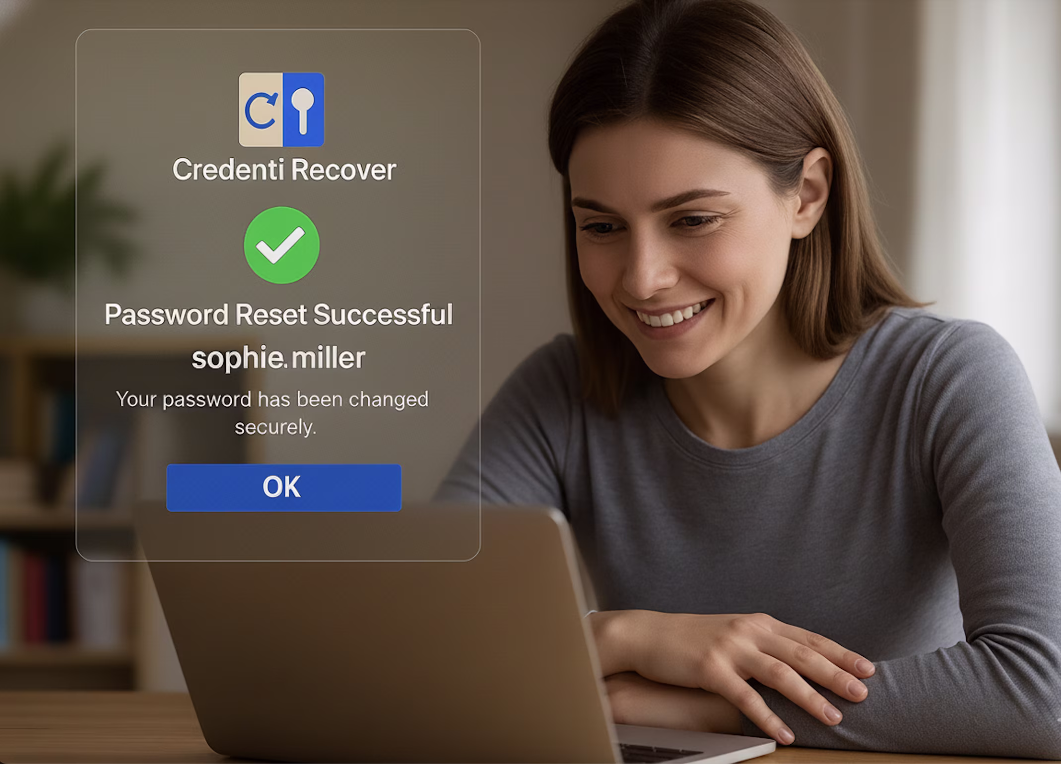 A woman smiles at her laptop as a Credenti Recover confirmation screen displays ‘Password Reset Successful’ for the user. The message indicates the password has been securely changed, illustrating the ease and confidence users gain when recovering their accounts independently without IT assistance.
