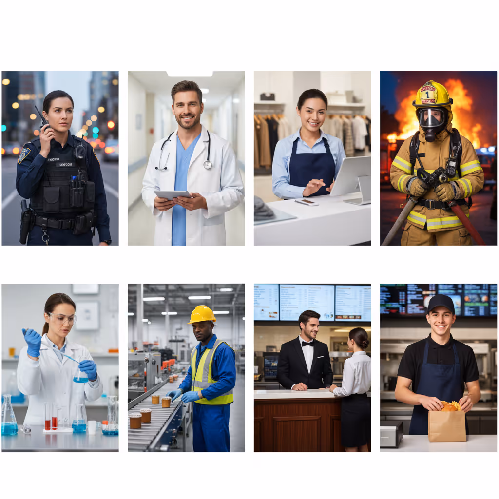 Collage showing diverse frontline workers including a police officer, doctor, retail worker, firefighter, scientist, factory worker, hotel receptionist, and fast-food employee — representing various industries served by Credenti’s passwordless login solutions.
