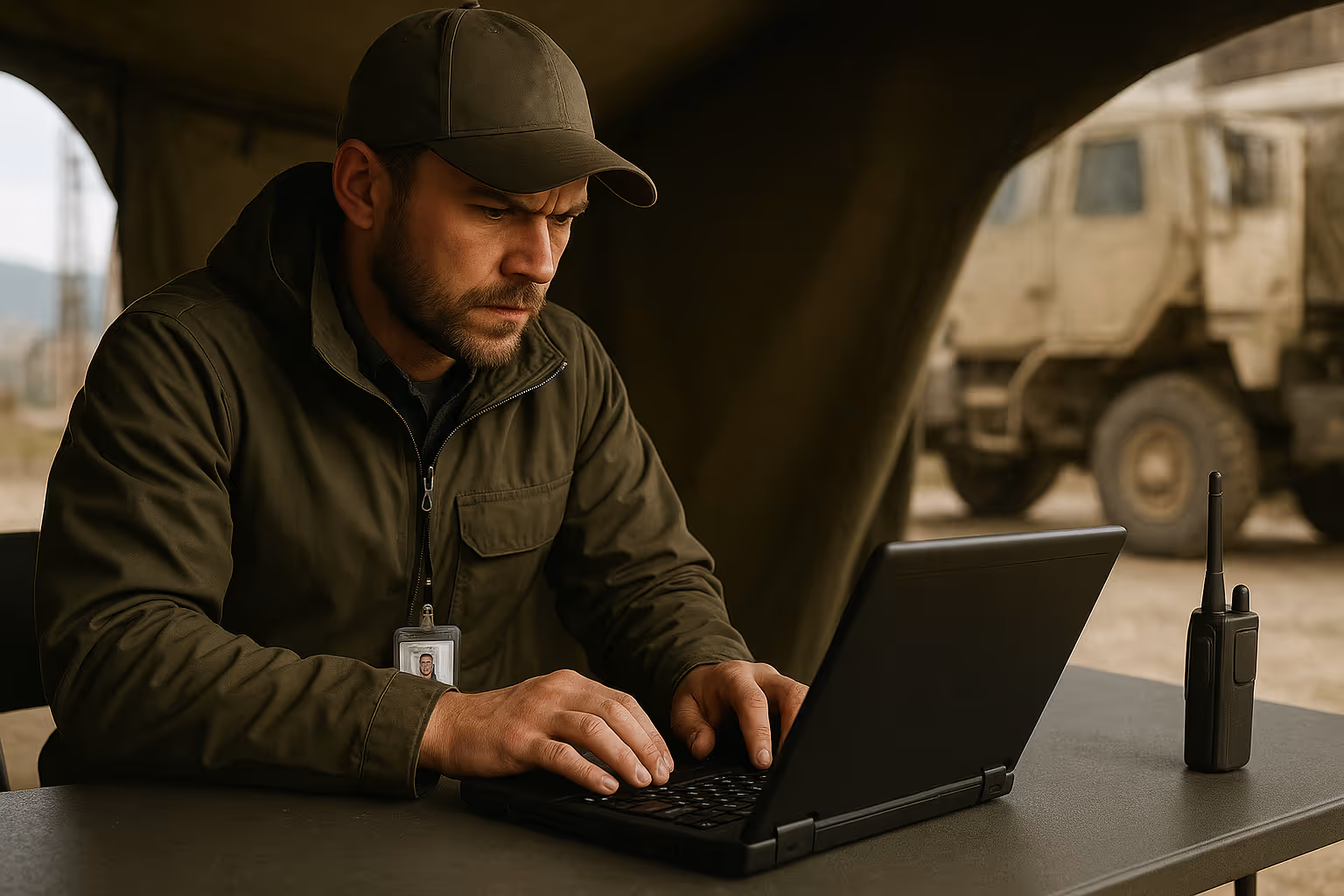 A field operator works on a laptop inside a makeshift tactical shelter with military vehicles in the background, illustrating deployment in remote, rugged, or disconnected environments. The image highlights Credenti AlwaysON’s ability to provide secure authentication and Zero Trust access at the tactical edge, even when no internet or primary identity provider is available.