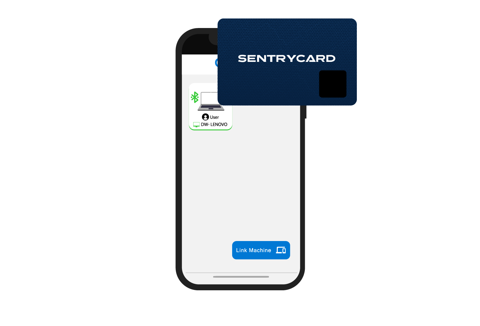 Smartphone screen showing a linked machine in the Credenti app, with a SentryCard being tapped on the device, indicating readiness to launch the machine.