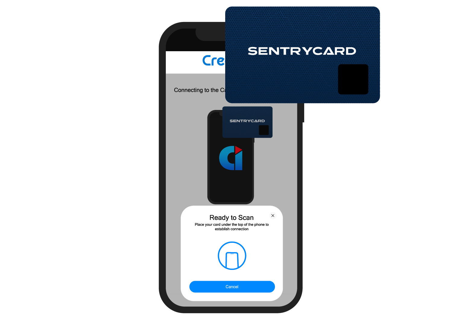 Smartphone screen displaying the Credenti Now app with a prompt to scan, while a SentryCard badge is being held near the top of the phone for NFC-based linking.