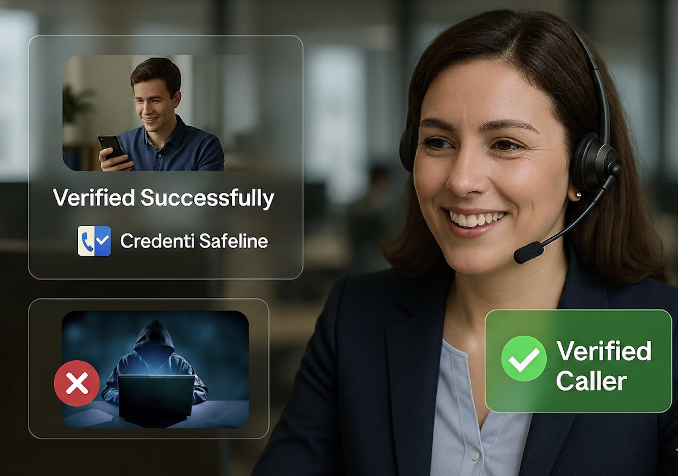 Image of a help desk support agent wearing a headset while Credenti Safeline verifies the identity of an incoming caller. A ‘Verified Successfully’ badge appears next to a legitimate user on a smartphone, while a red X is shown over a hooded fraudster attempting to impersonate the caller. A green ‘Verified Caller’ indicator highlights that Credenti Safeline accurately confirms identity before support actions such as password resets or account changes, helping organizations stop social engineering attacks at the help desk.