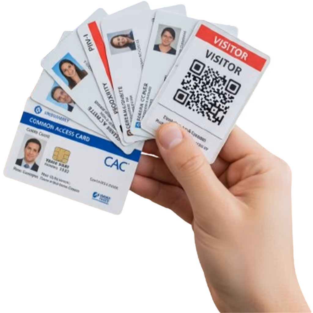 Supported card and readers: Hand holding a fan of access cards including CAC, PIV-I, and visitor QR cards.