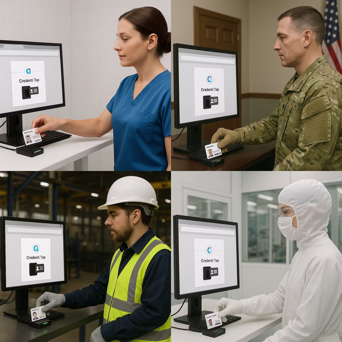 Four individuals from different professions using ID cards with Credenti Tap system on desktop computers.