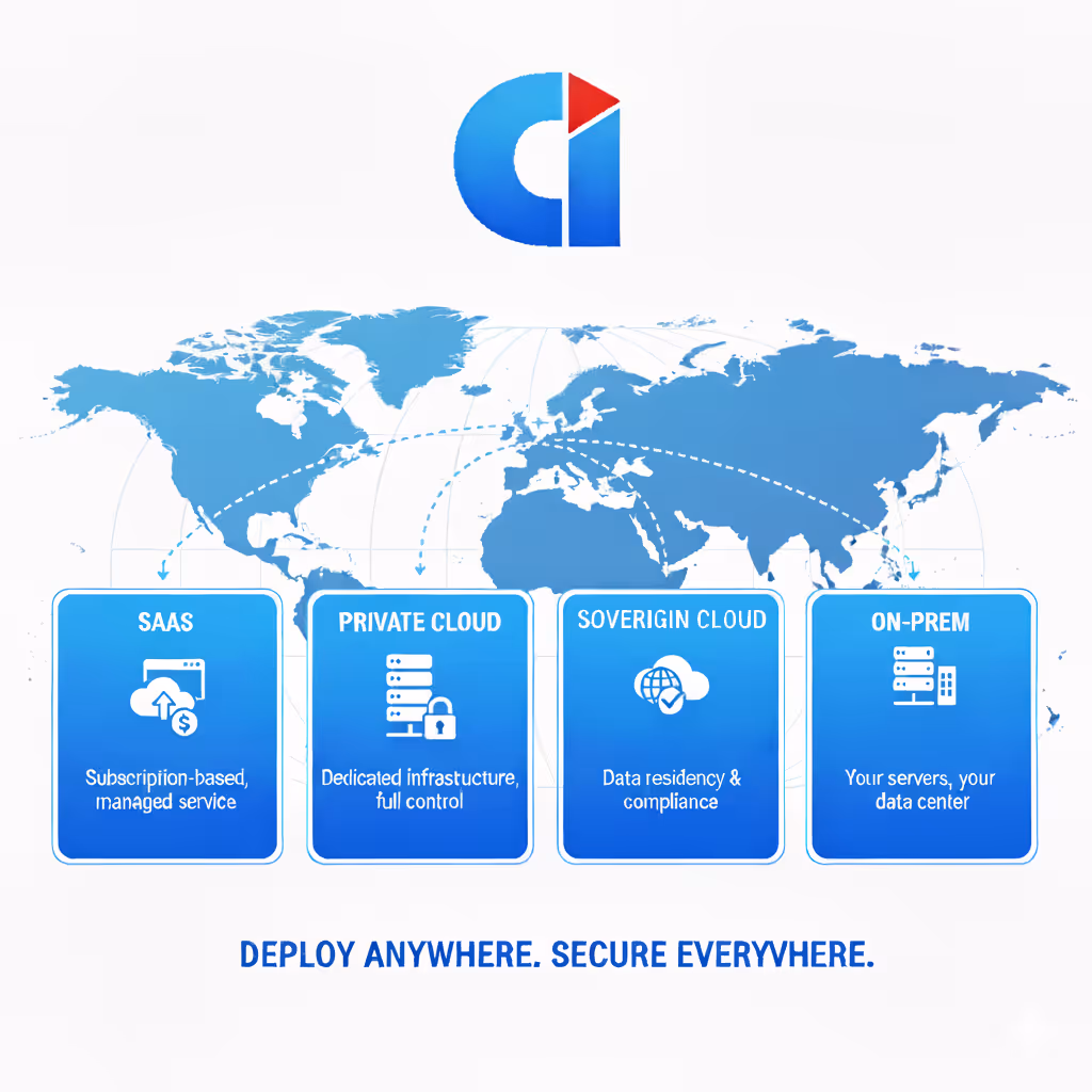 A visual map of the world overlaid with four deployment option icons: SaaS (subscription-based, managed service), Private Cloud (dedicated infrastructure, full control), Sovereign Cloud (data residency & compliance), and On-Prem (your servers, your data center). Positioned above the text: “Deploy Anywhere. Secure Everywhere.” This image highlights Credenti’s flexible deployment capabilities for global compliance and control.