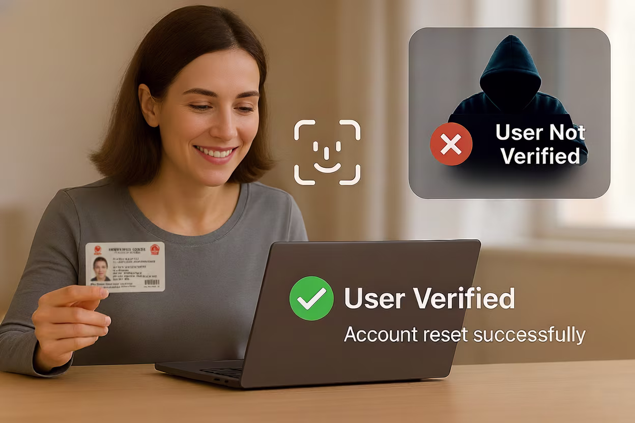 Image of a woman holding a government-issued ID card while using her laptop to complete biometric facial verification through Credenti Verify. The screen displays a green “User Verified — Account reset successfully” status, indicating successful identity proofing for secure account recovery. A smaller inset image shows a hooded impersonator labeled “User Not Verified,” representing Credenti ability to detect fraud, prevent deepfake attempts, and block unauthorized users.
