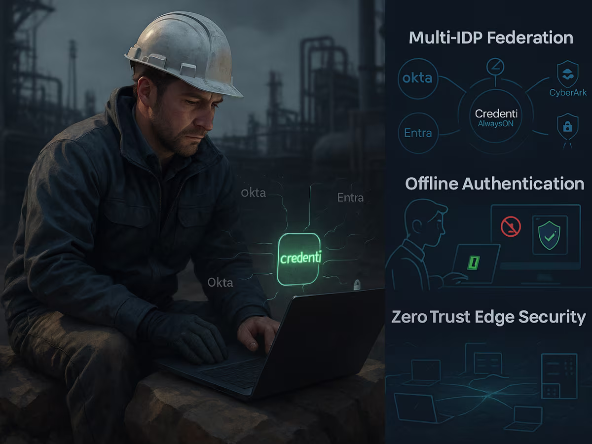 An industrial worker sits outdoors at a rugged worksite using a laptop, highlighting real-world DDIL conditions where connectivity is unreliable. Overlay graphics show Credenti AlwaysON enabling multi-IdP federation across providers like Okta and Entra, supporting offline authentication when the IdP is unreachable, and enforcing Zero Trust security at the edge. The image emphasizes how Credenti AlwaysON maintains secure access for frontline and remote field teams operating in disconnected or mission-critical environments.