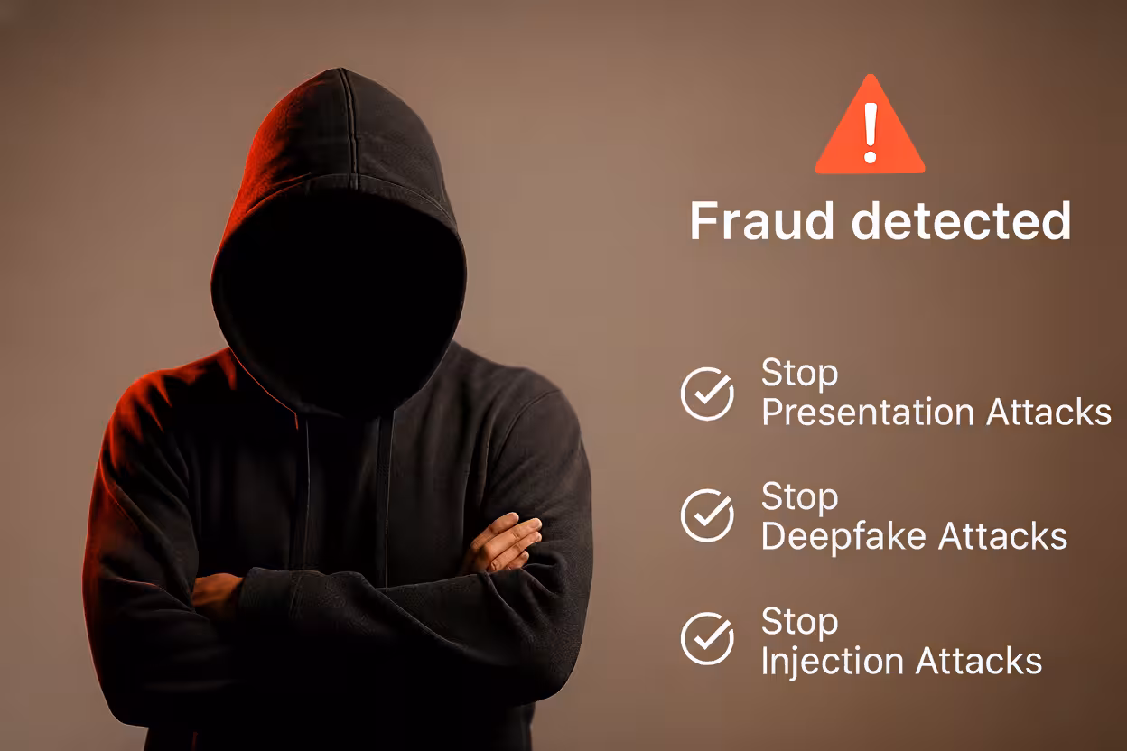 Image of a hooded, faceless impersonator standing with arms crossed, symbolizing fraudulent identity attempts. To the right, a red warning icon displays “Fraud detected,” alongside checkmarks indicating protection against presentation attacks, deepfake attacks, and injection attacks. This visual represents Credenti Verify’s advanced biometric and document-verification engine, which can detect spoofing, synthetic media, tampered inputs, and other high-risk fraud attempts in real time.