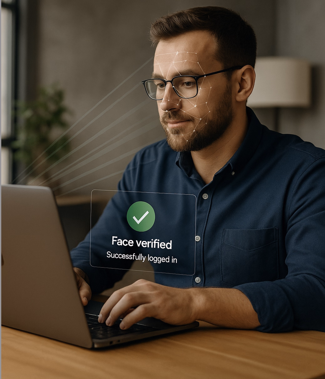 A man sits at a laptop in a modern workspace as facial recognition technology scans his face with projected mapping lines. A confirmation message appears that reads ‘Face verified — Successfully logged in,’ showing that the workstation has been unlocked using biometric facial authentication. The image illustrates how Credenti You enables secure, passwordless workstation access using AI-powered face verification, liveness detection, and advanced anti-spoofing protections—eliminating the need for passwords, phones, or hardware tokens.