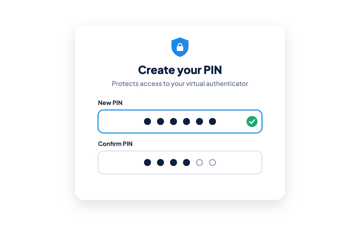 يقوم المستخدم بإنشاء رمز PIN شخصي وتأكيده لحماية أداة المصادقة الافتراضية.
