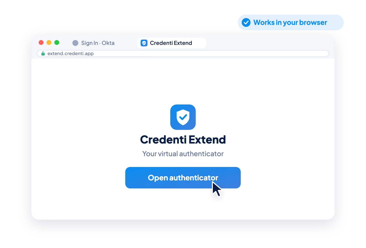 يقوم المستخدم بفتح أداة المصادقة الافتراضية « Credenti Extend» في علامة تبويب بالمتصفح.