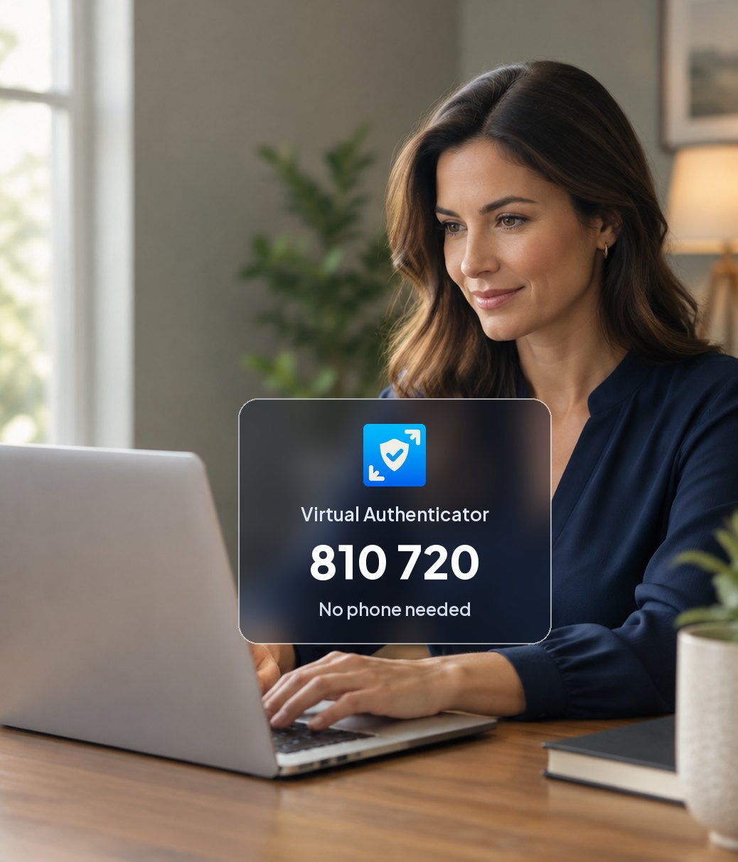 تعمل سمسارة مالية على حاسوبها المحمول الخاص. وتُظهر بطاقة «Extend Virtual Authenticator» من شركة « Credenti » الرمز المكون من ستة أرقام 810 720 — دون الحاجة إلى هاتف.