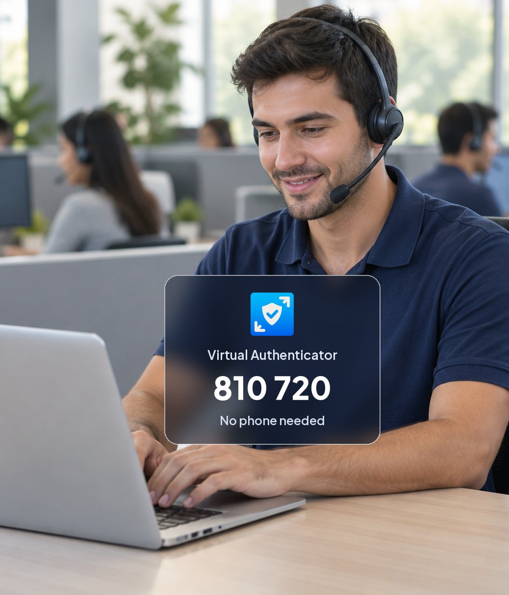 A call center agent wearing a headset works on a laptop in a BPO office. A Credenti Extend Virtual Authenticator card shows the six-digit code 810 720 — no phone needed.