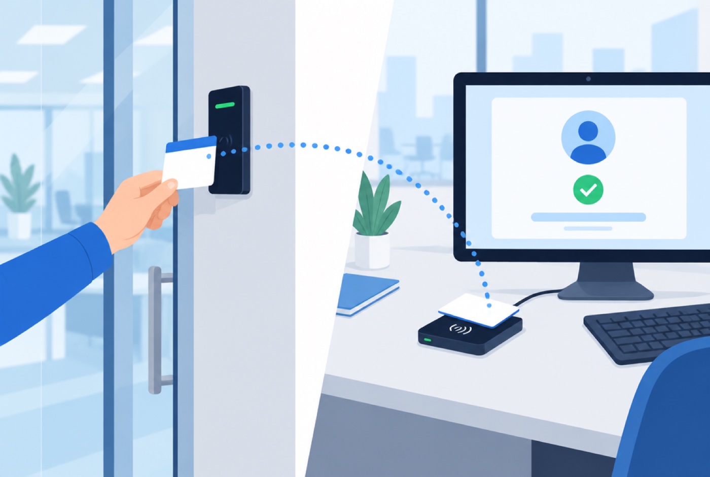 An employee taps their badge at an office door reader, and the same badge signs them in at a desk workstation with a badge reader