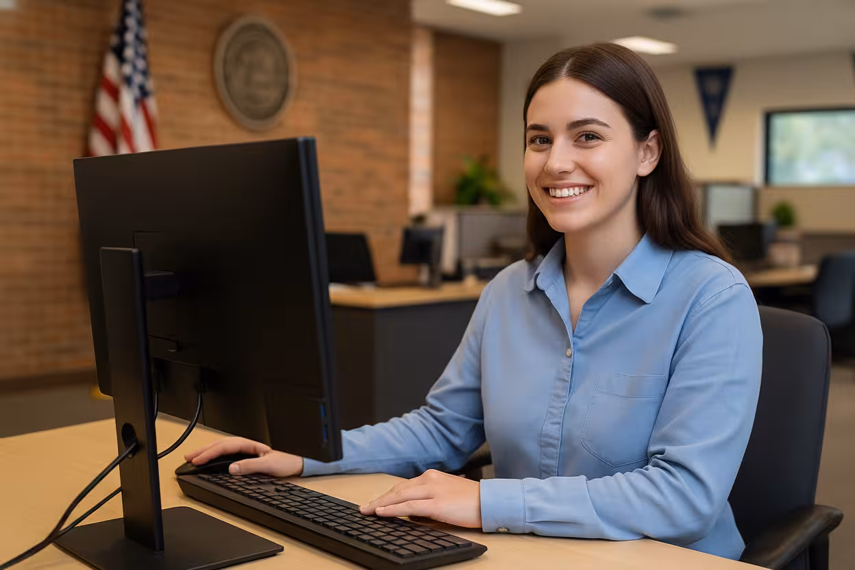 City government employee at a workstation representing a U.S. municipality adopting Credenti Tap for secure passwordless access and stronger MFA.