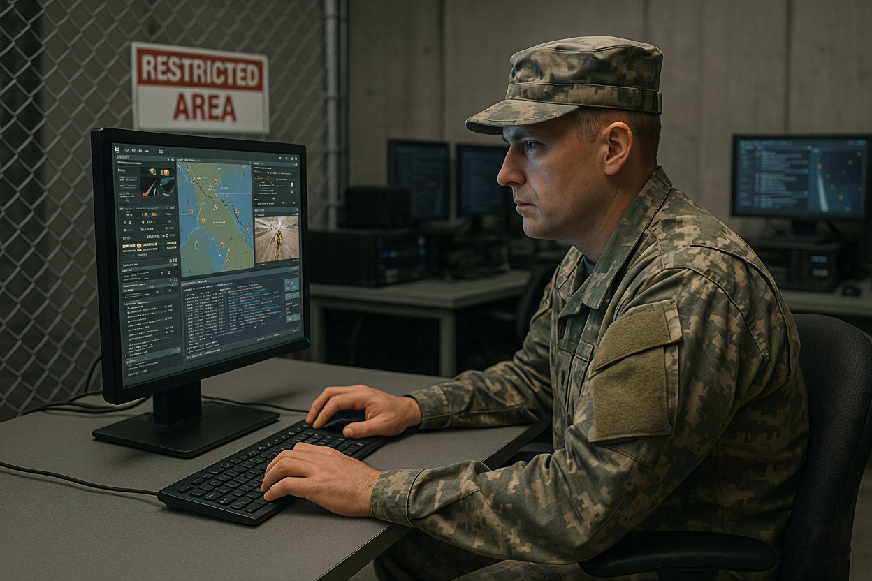 Military operator using secure on-prem, air-gapped computer system in a restricted operations center, highlighting Credenti’s deployment flexibility for offline and DDIL environments with no internet dependency.