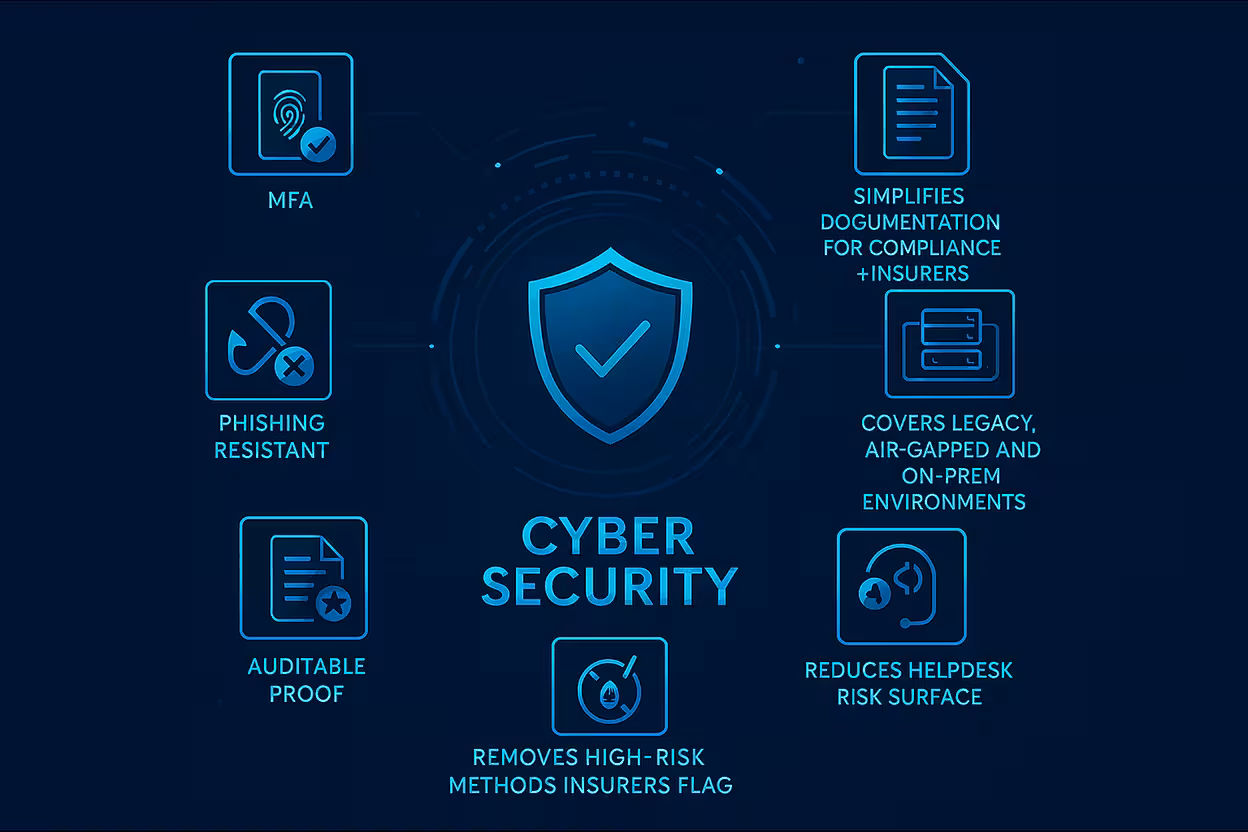 Cybersecurity benefits infographic displaying MFA security, phishing-resistant login methods, compliance and cyber-insurance documentation support, on-prem and air-gapped system protection, auditable authentication logs, and reduced helpdesk risk