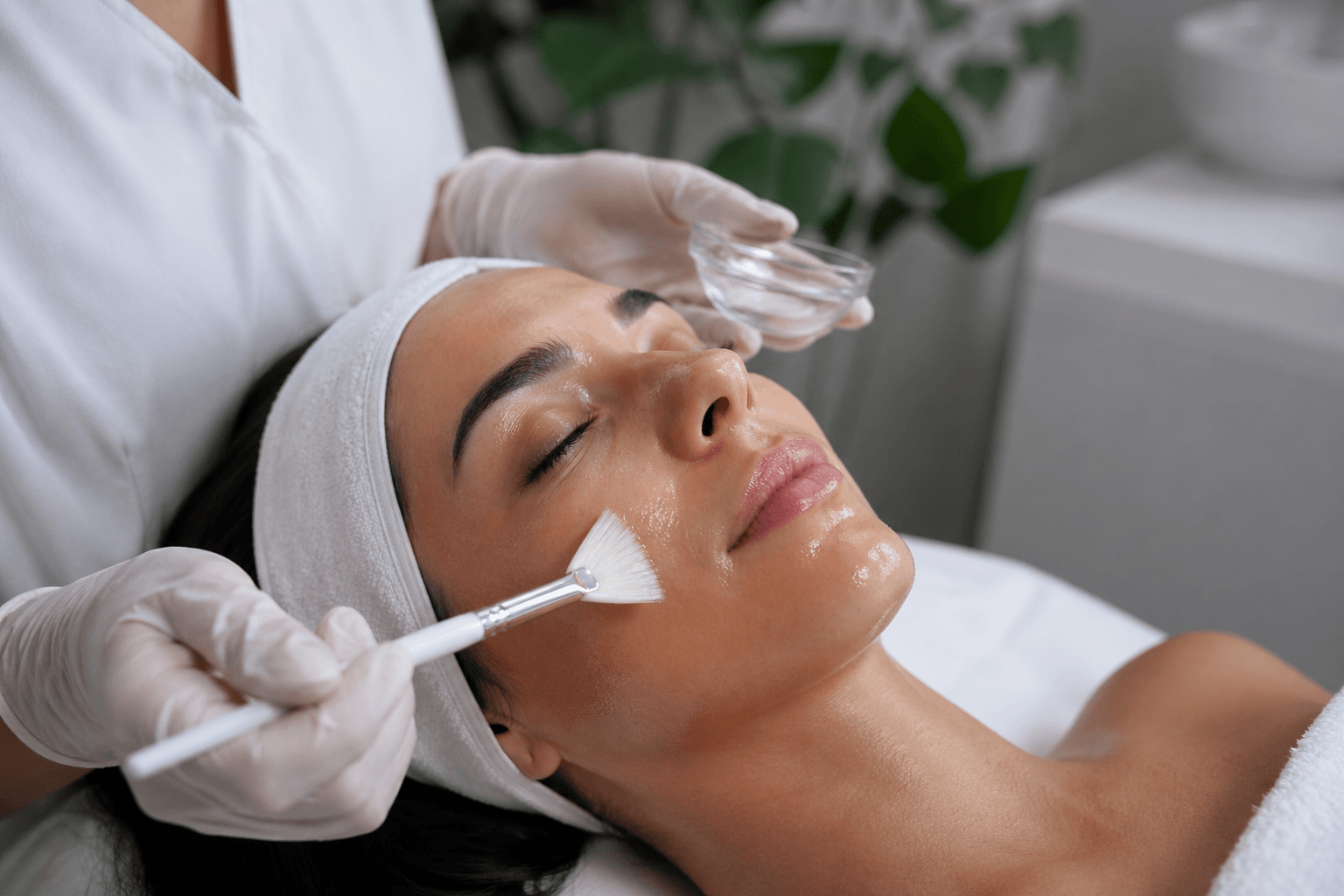 esthetician performing a professional chemical peel treatment in Costa Mesa, California