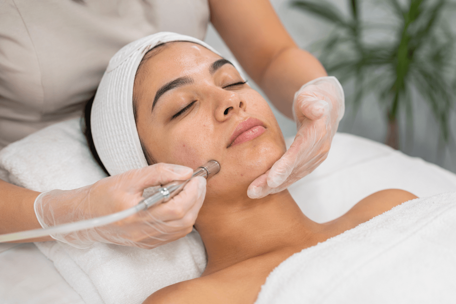 Licensed aesthetician performing a facial treatment for acne-prone skin at a skincare clinic in Costa Mesa, California