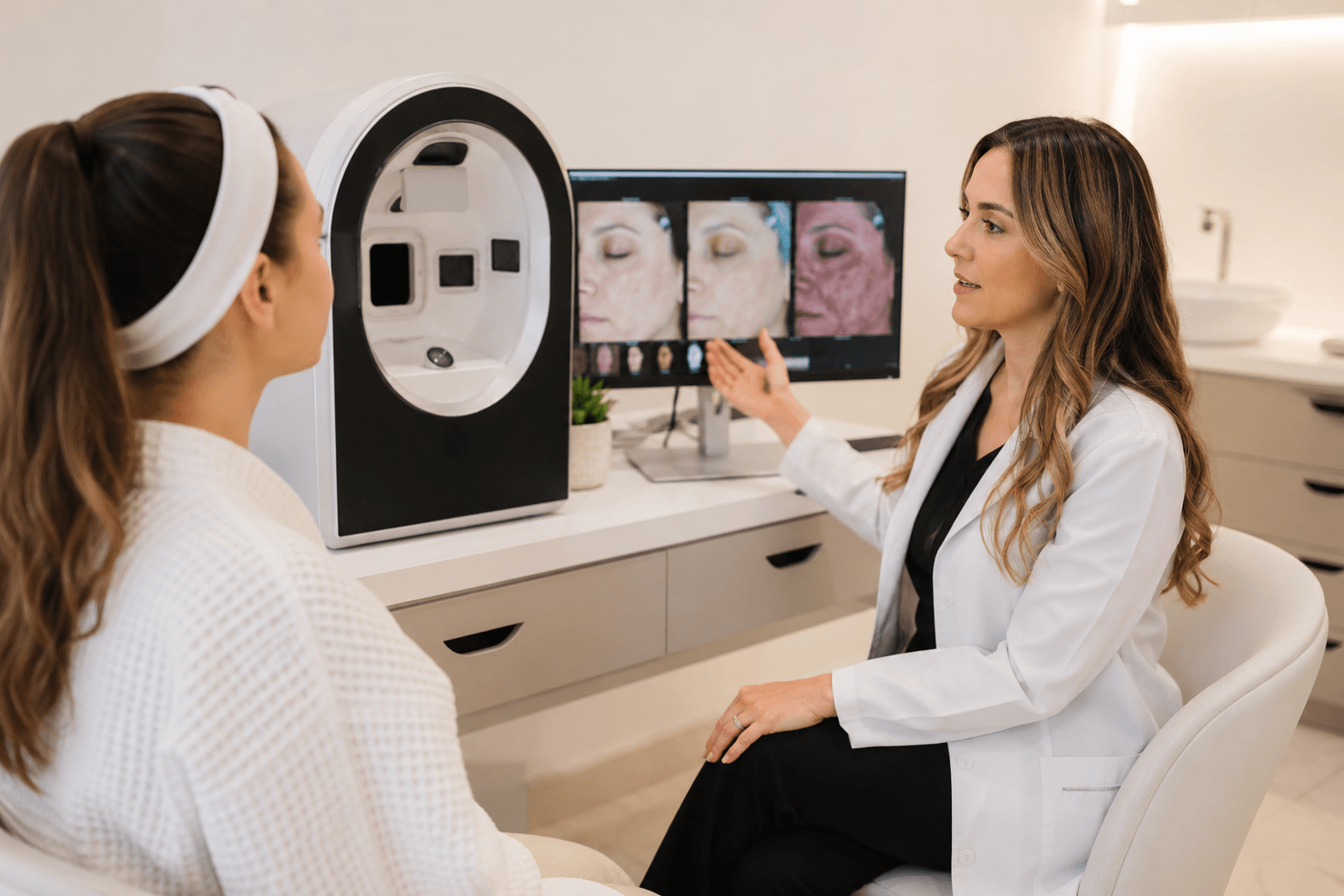 Person receiving a personalized skin consultation at Shorrbeauty in Costa Mesa, California for acne, pigmentation, aging skin, and customized skincare treatment planning.