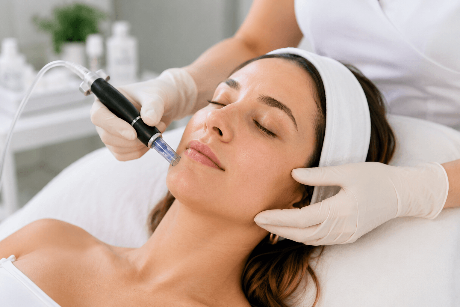 Esthetician performing microneedling treatment on client's cheek at Costa Mesa med spa