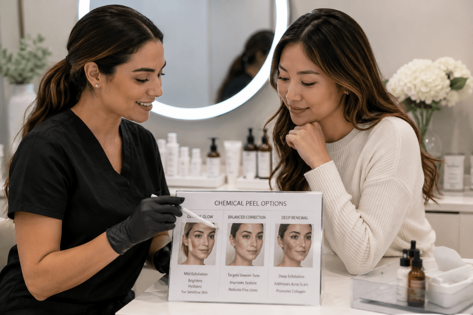 Esthetician applying chemical peel solution to client's face at Costa Mesa skincare clinic