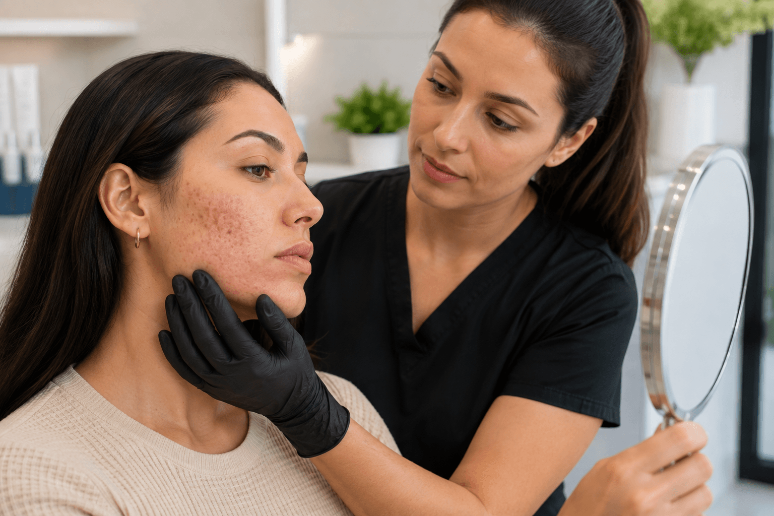 Esthetician reviewing client's skin during acne consultation at Costa Mesa med spa