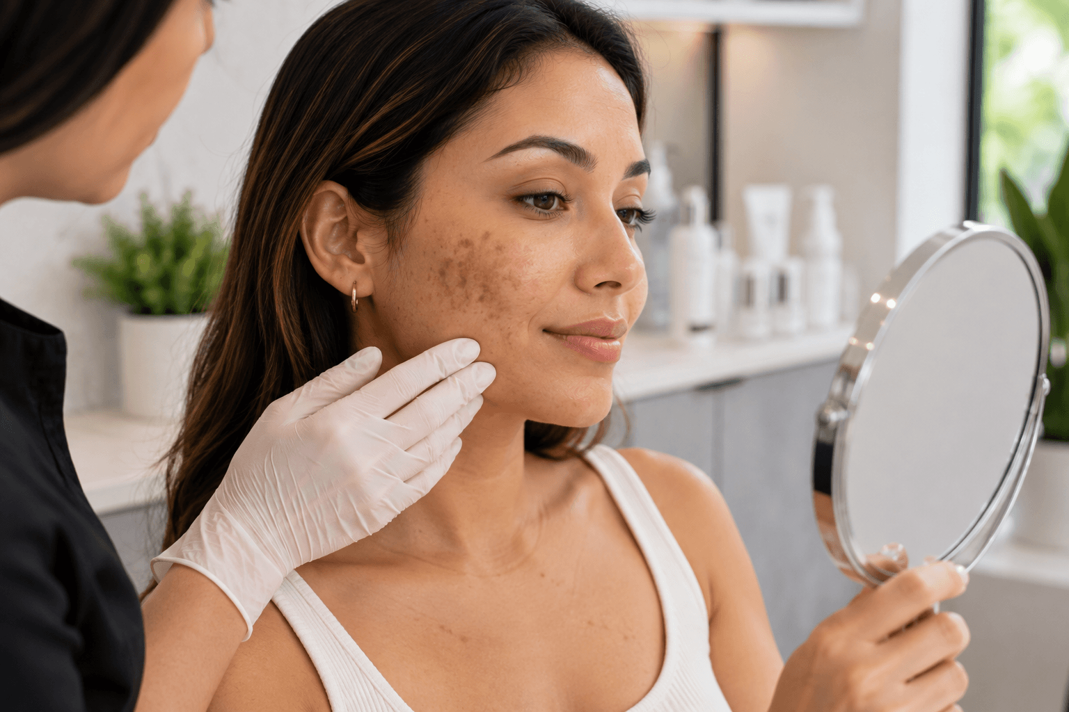 Esthetician analyzing client's skin tone before hyperpigmentation treatment in Costa Mesa