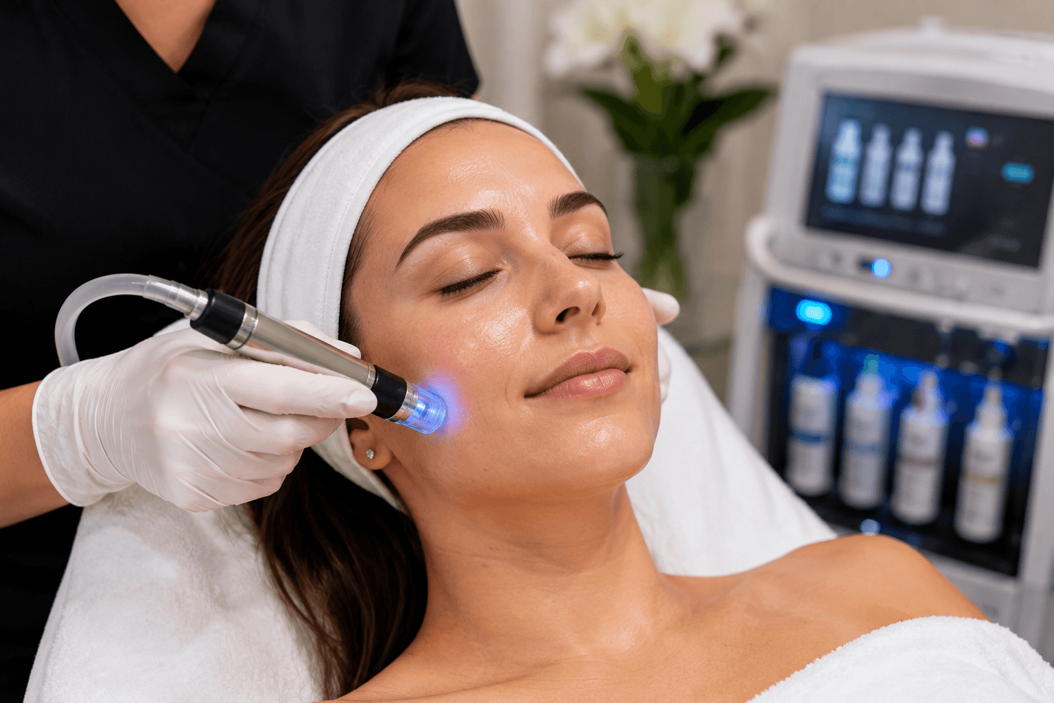 Esthetician performing Diamond Glow facial treatment on client at Costa Mesa med spa