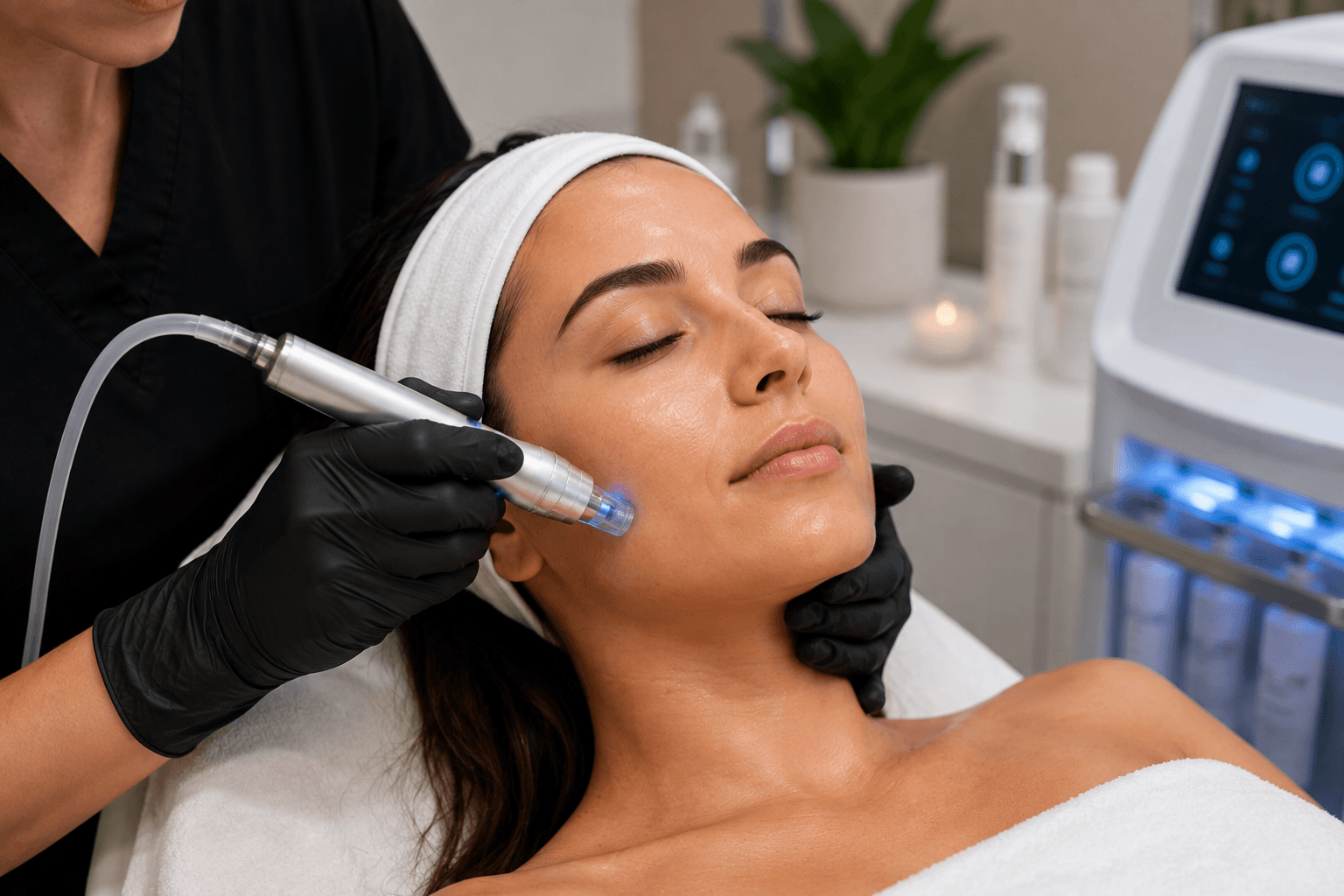 Esthetician performing a microchanneling skin treatment on a client's cheek at a Costa Mesa medspa