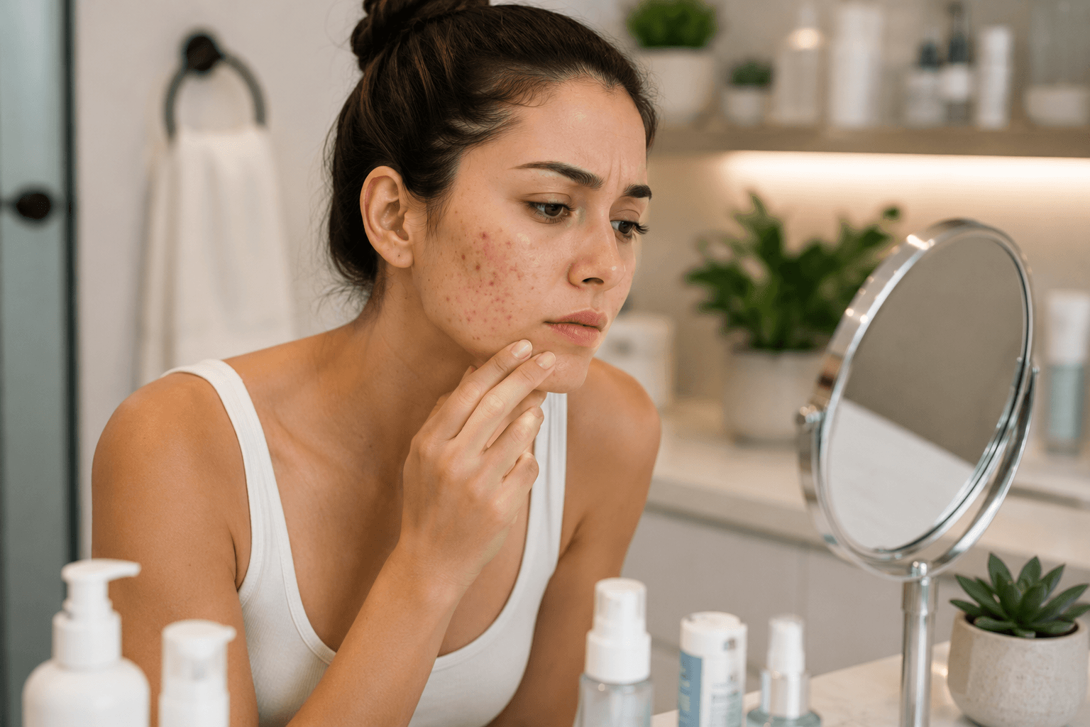 Esthetician reviewing an acne treatment plan with a client during Acne Bootcamp in Costa Mesa