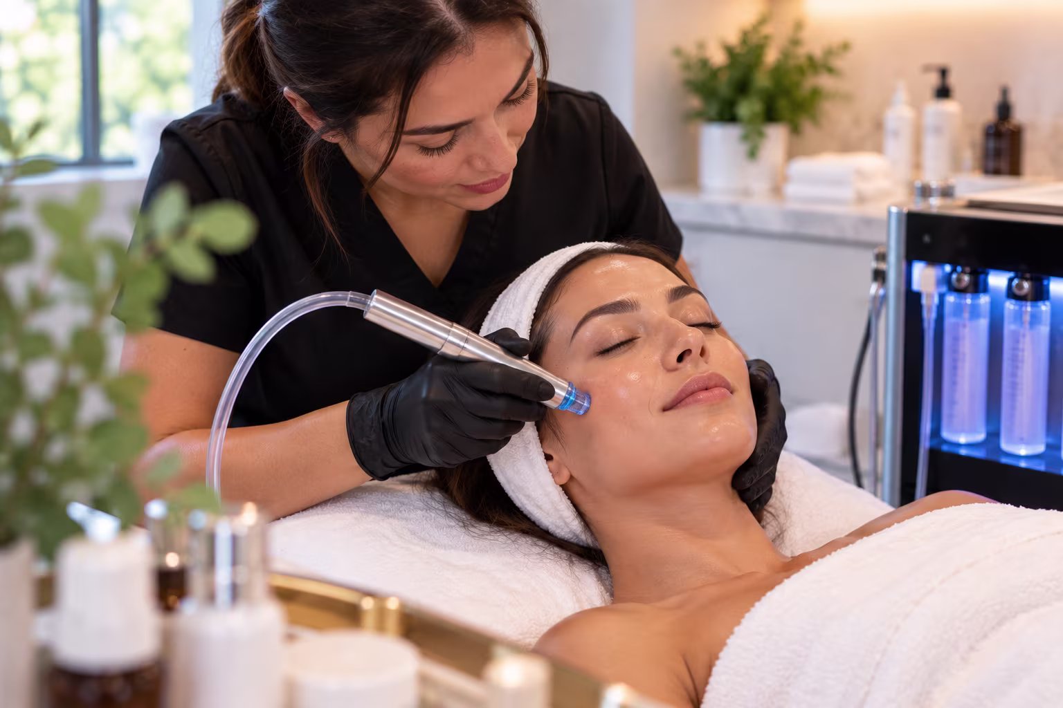 Diamond Glow Facial exfoliation and serum infusion treatment being performed in Costa Mesa, California