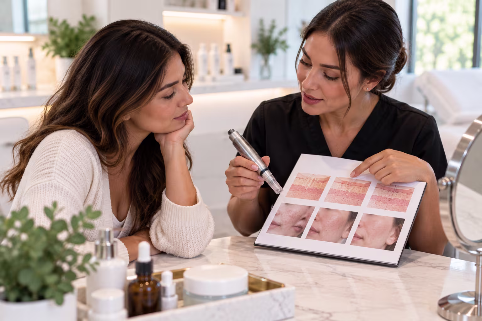 Client and licensed aesthetician discussing a microchanneling treatment plan in a Costa Mesa medspa