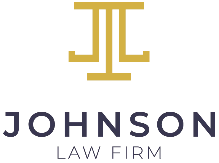 Johnson Law Firm logo with abstract geometric design in gold and navy