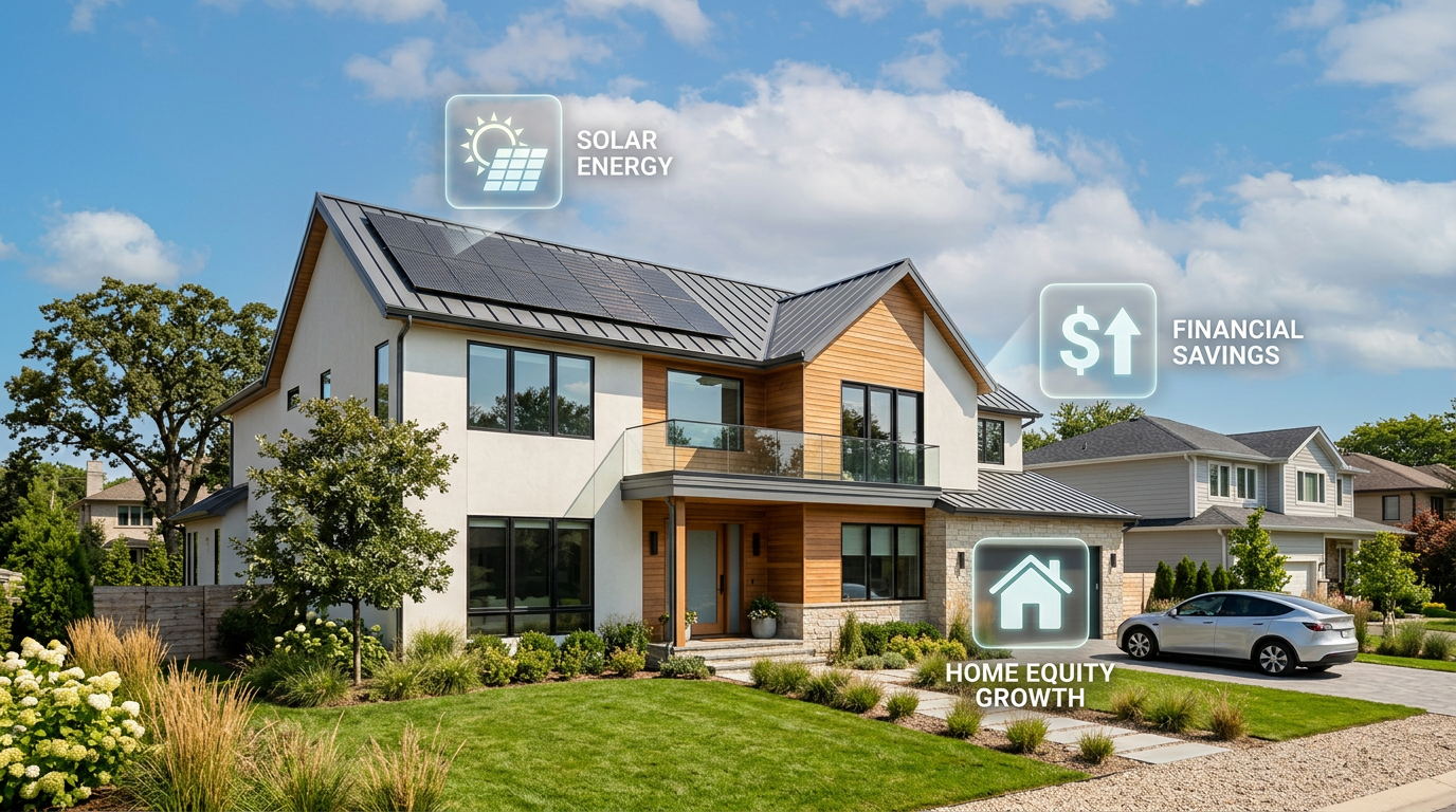 Modern solar-ready home with energy analysis overlay