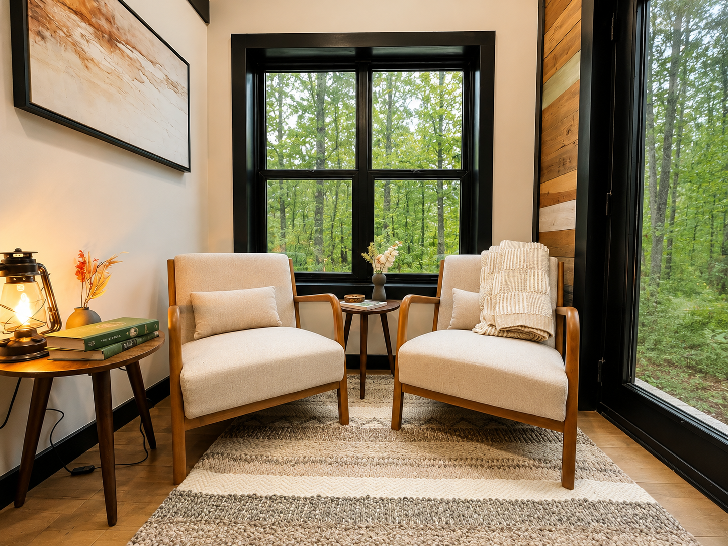Shadow Pine cabin reading nook by the forest window