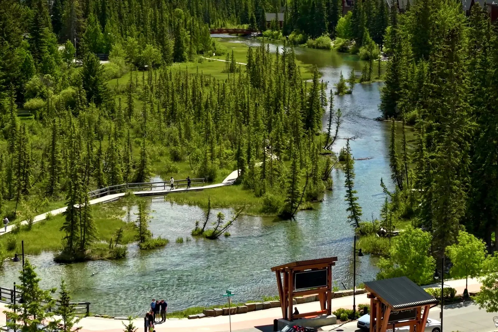 The Bow River boardwalk and trails, a short walk from Colliery Parc in South Canmore