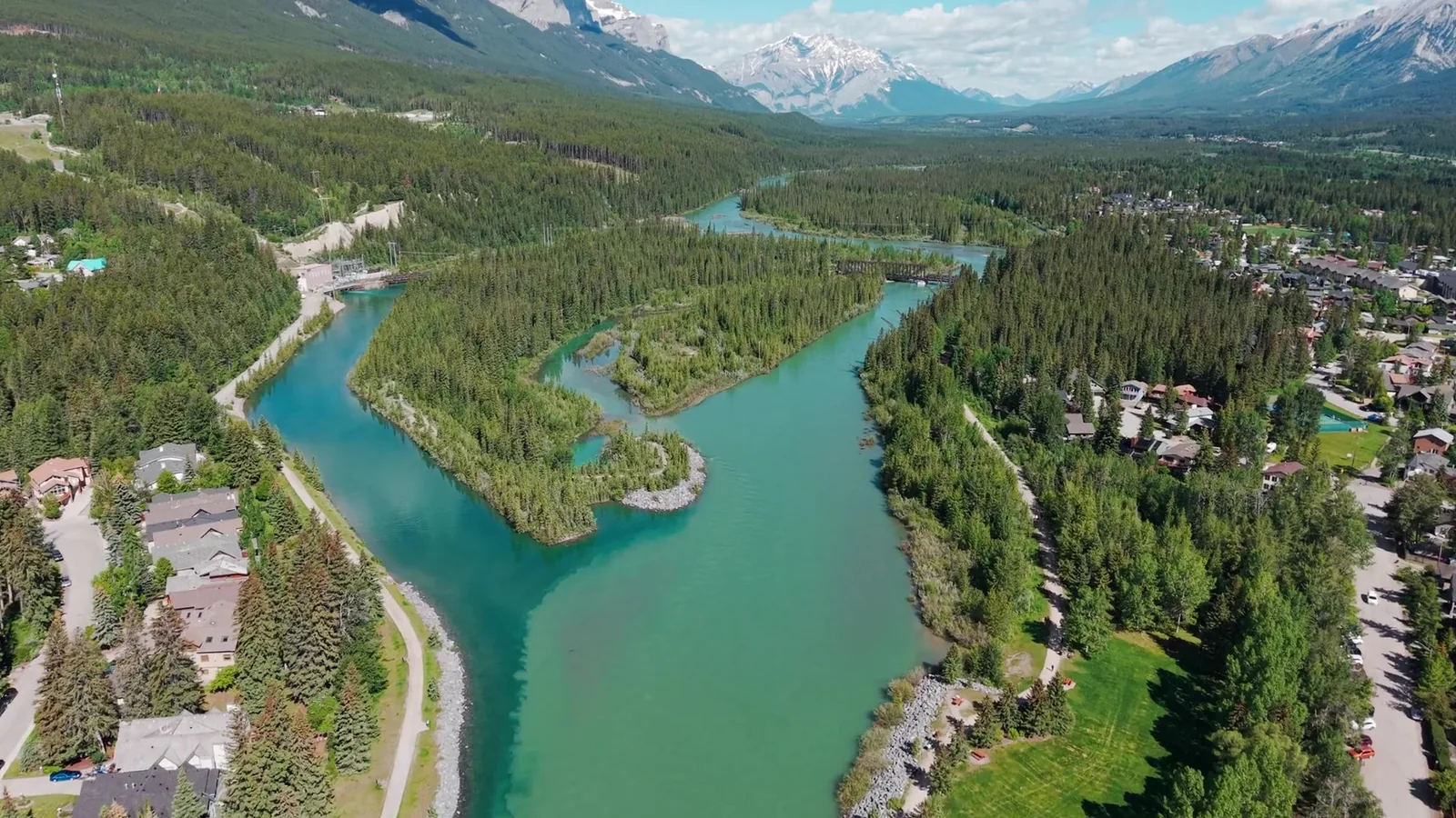 The Bow River and the trails from the air