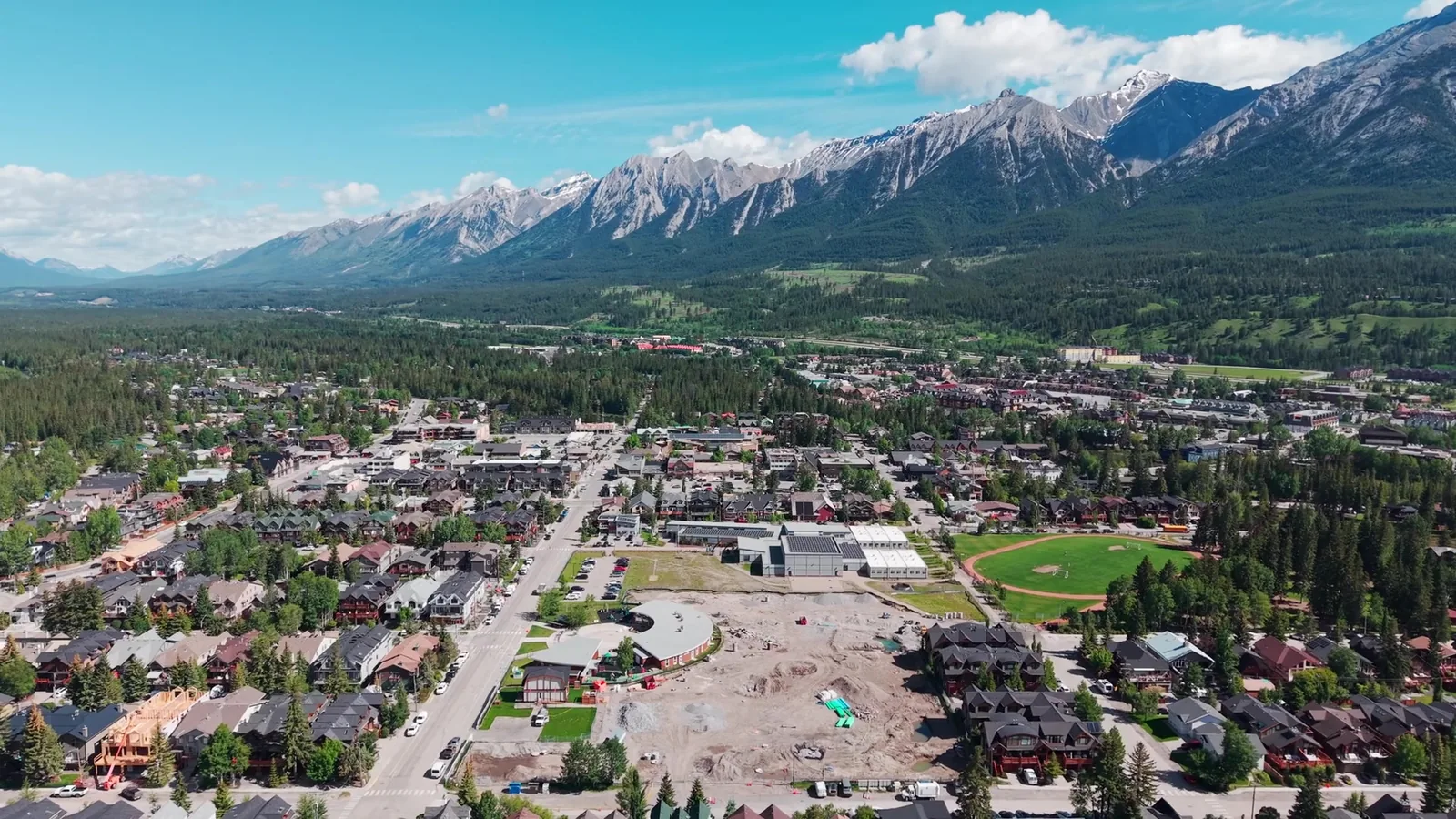 Downtown Canmore and the valley from the air