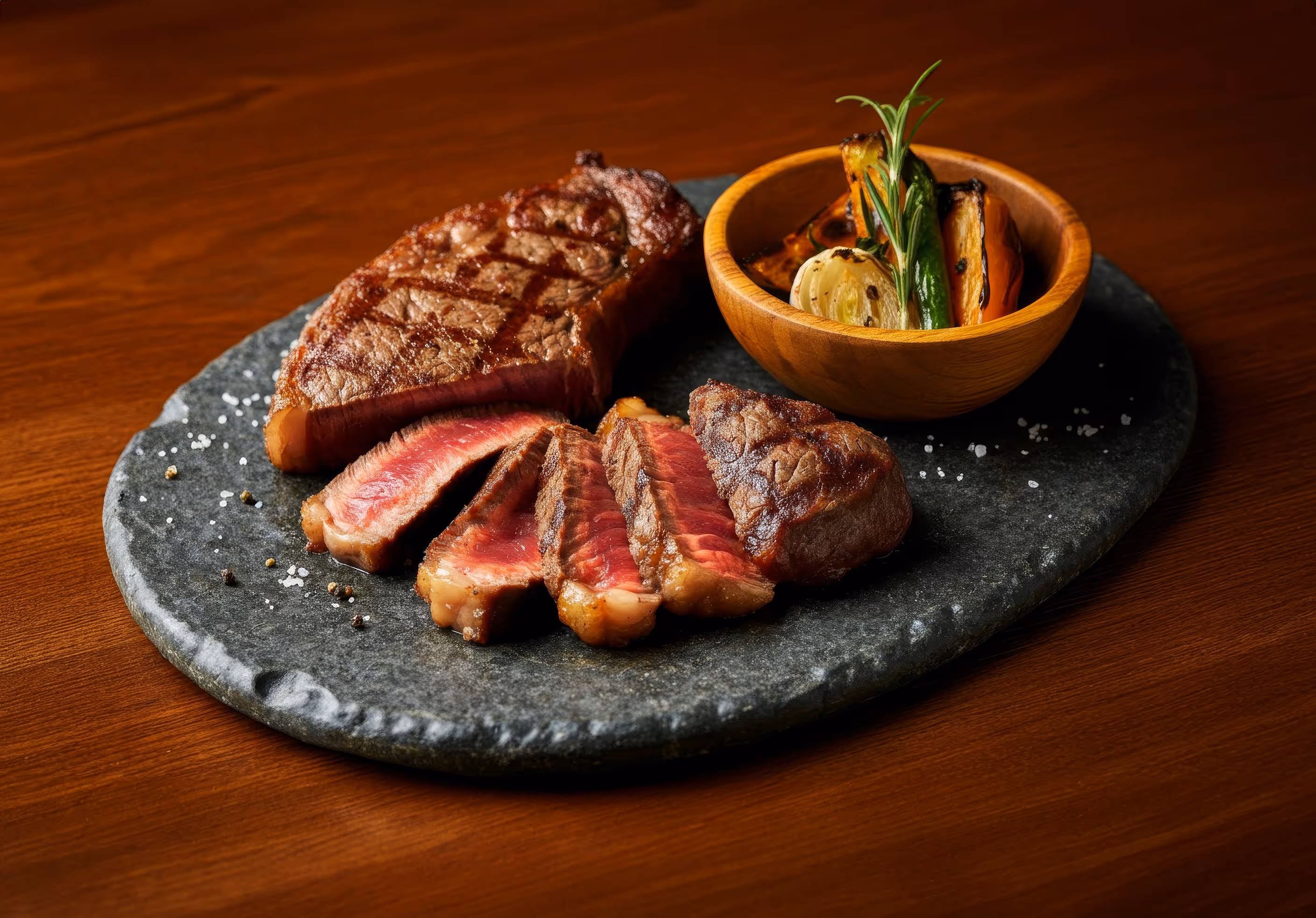 A sliced medium-rare bison steak on a stone plate with coarse salt and pepper, accompanied by grilled vegetables in a wooden bowl