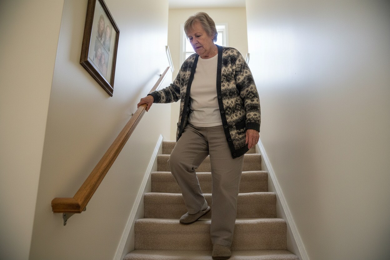 Older woman walking down a carpeted staircase at home, holding the handrail on the wall and looking down at her feet