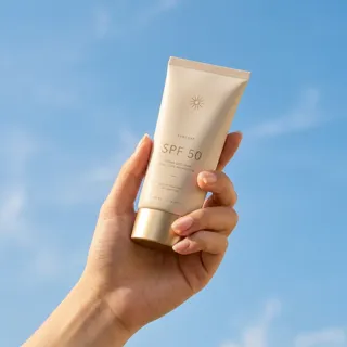 Sunscreen tube held against a blue sky