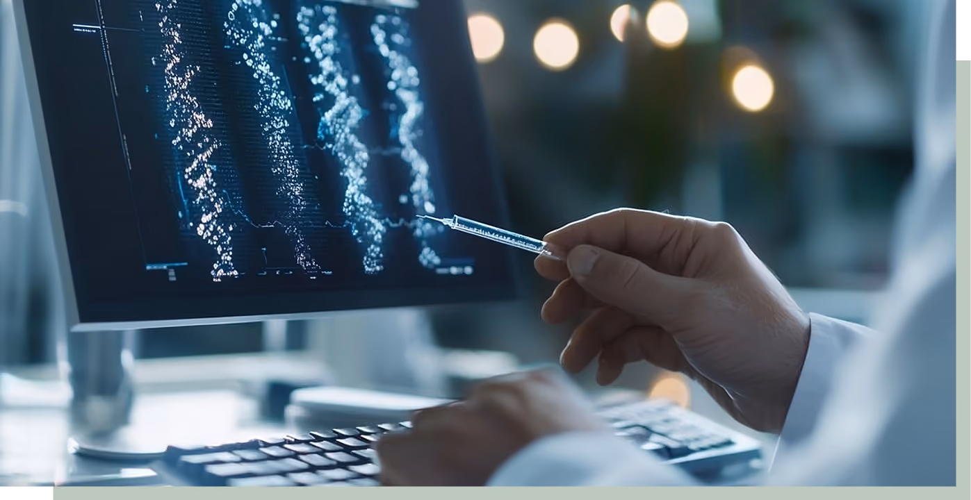 Hand holding syringe pointing at a digital medical scan of human legs on a computer monitor.