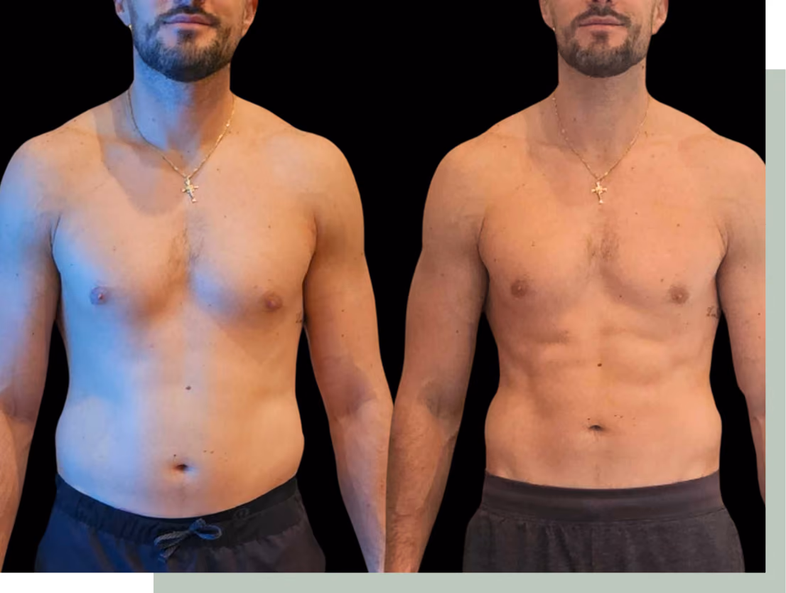 Side-by-side comparison of a shirtless man showing before and after muscle natural weight loss solution