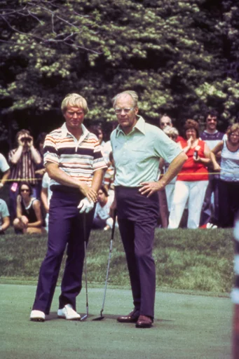 Jack Nicklaus and former U.S. President Gerald Ford at the 1977 Memorial Tournament pro-am.